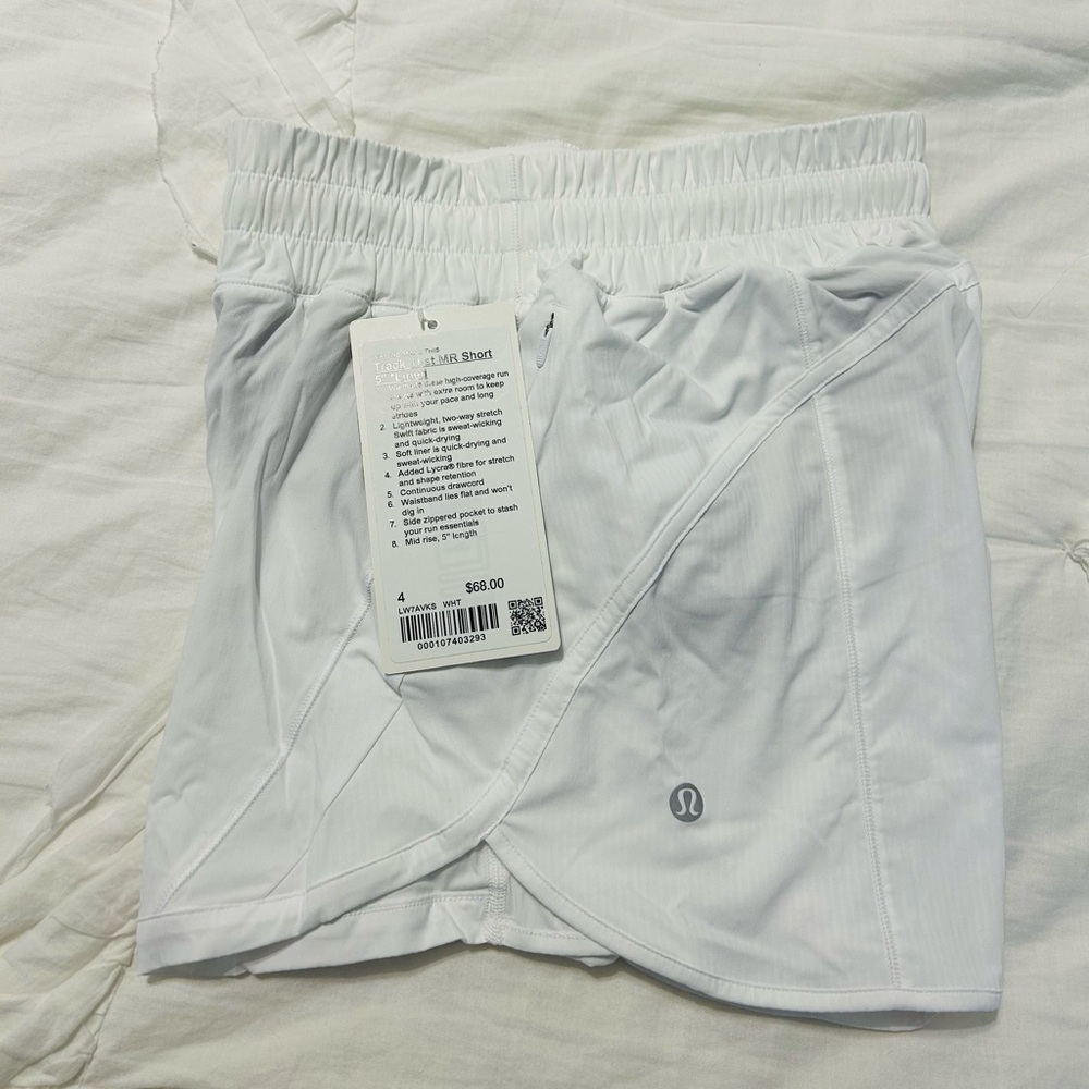 LULULEMON, Track That Mid-Rise Lined Short 5”, NWT, White, Size 4